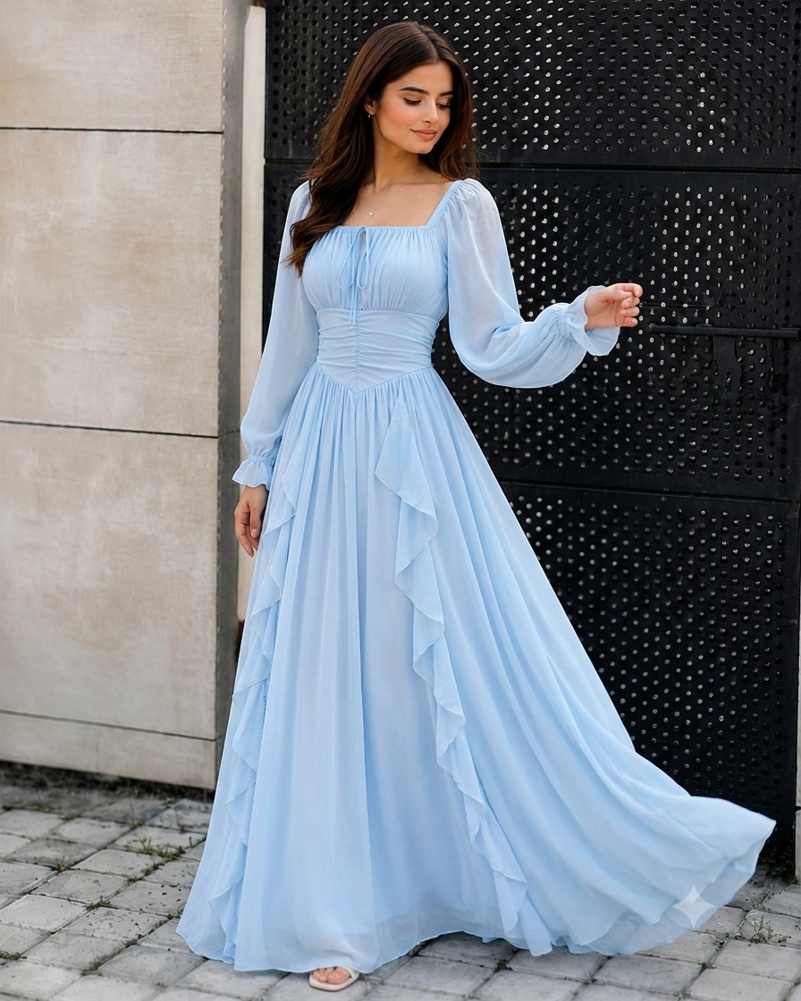 Elara Ruffle Chiffon Maxi Dress - view 3 | Sunflare.pk