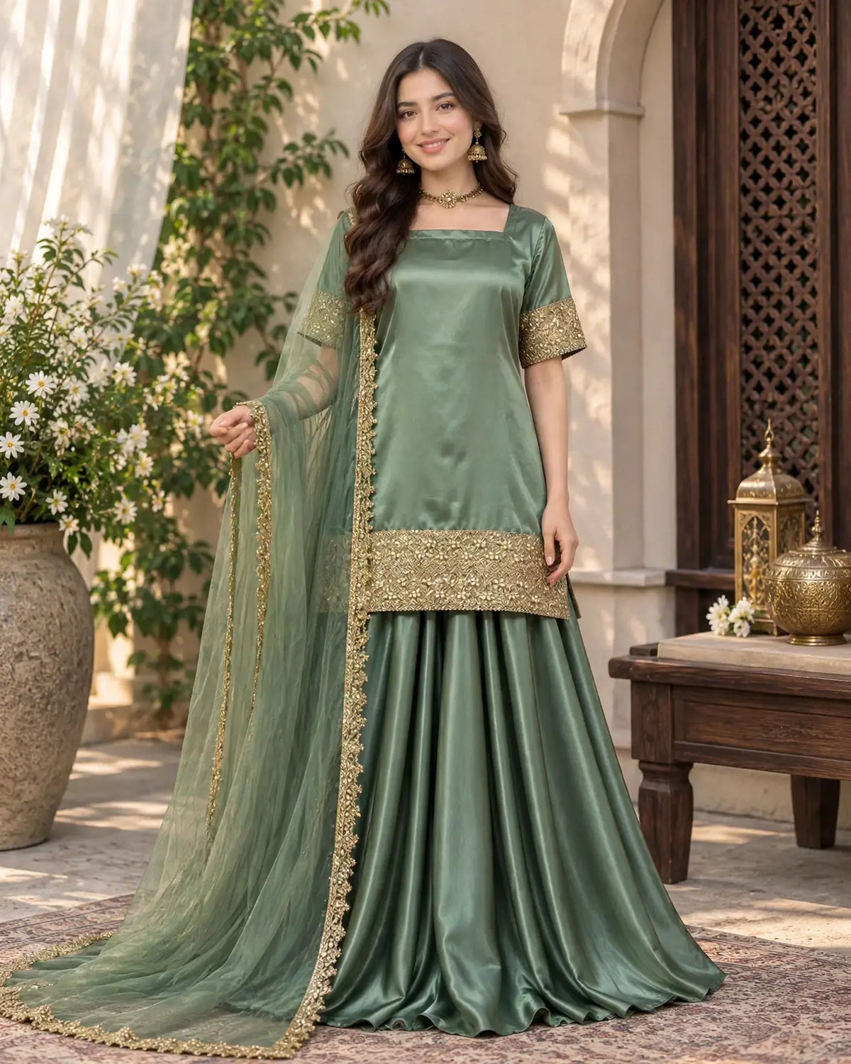 Elegant Russian Silk 3PC Plazo Set with Kundan Lace & Organza Dupatta - view 5 | Sunflare.pk