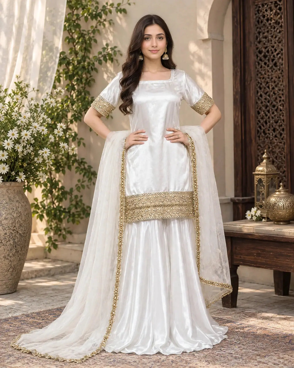 Elegant Russian Silk 3PC Plazo Set with Kundan Lace & Organza Dupatta - view 6 | Sunflare.pk